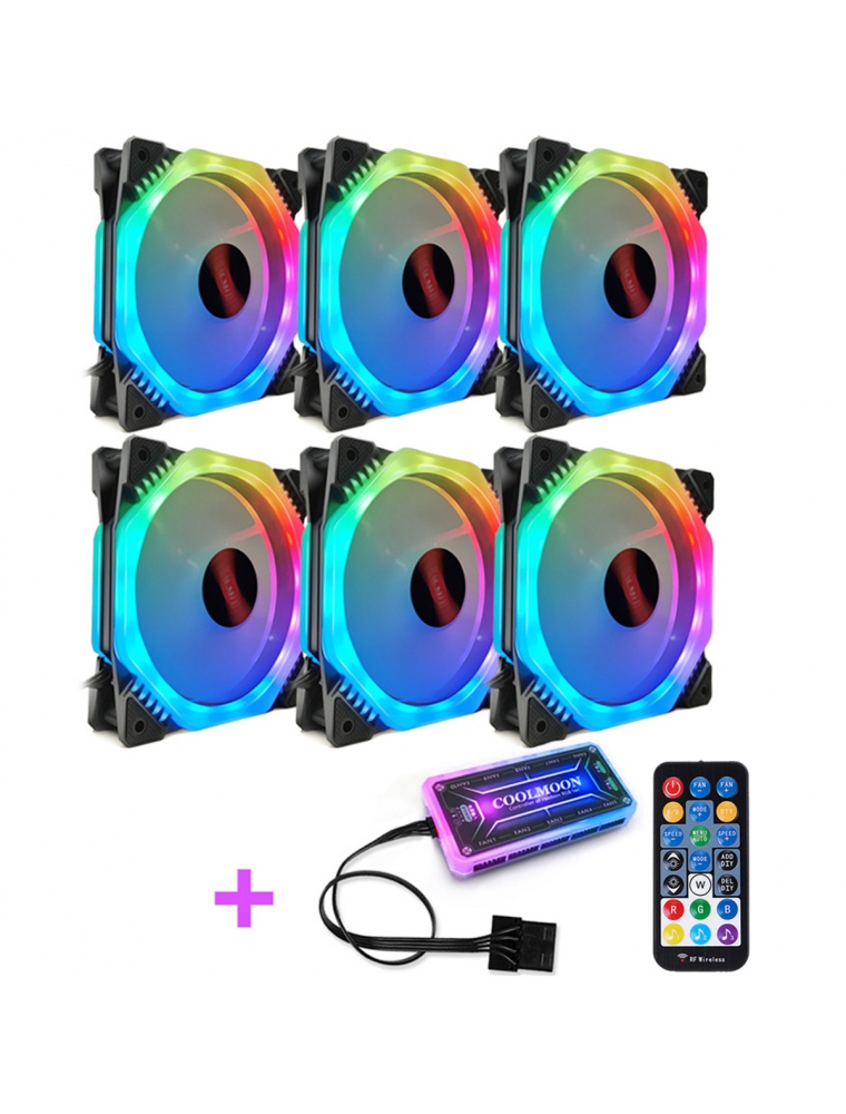 Coolmoon 6PCS 5V 3Pin Adjustable RGB LED Light Computer Case PC Cooling Fan with Remote