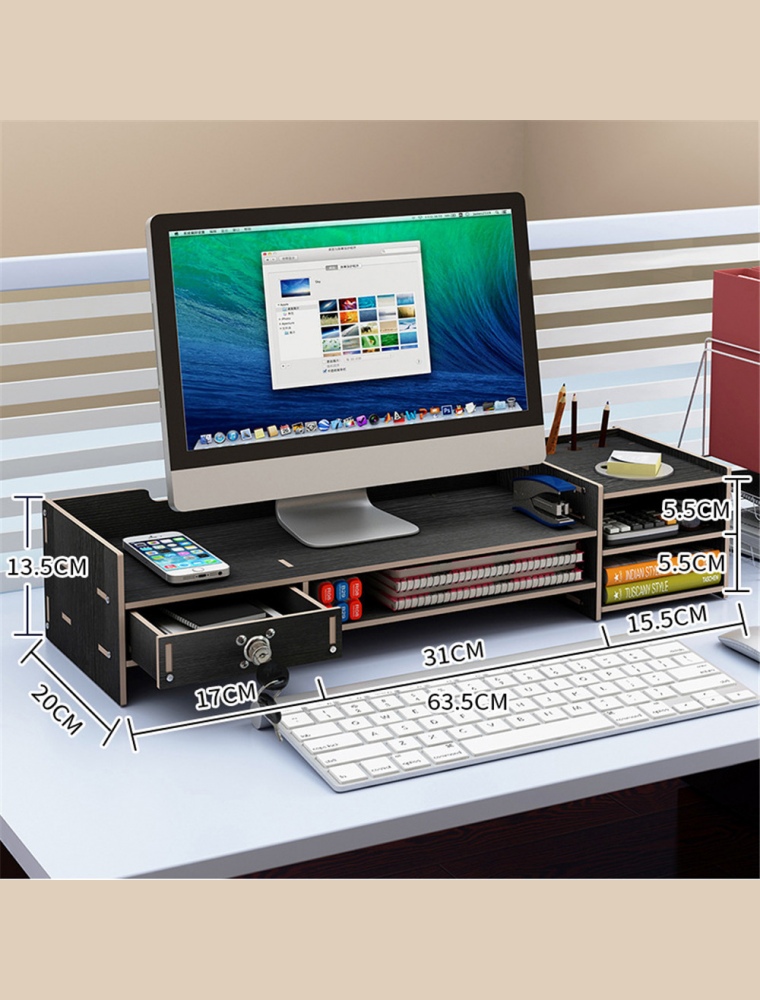 Multi-function Desktop Monitor Stand Computer Laptop Screen Riser Wood Shelf Desk Storage Holder with Lock