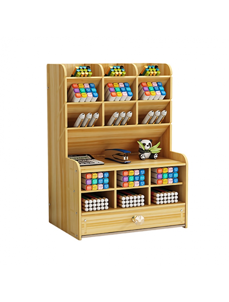 6 Layers Pen Holder with Drawer Desktop Stationery Wooden Storage Rack Desk Organizer DIY Box Home Office Suppliles