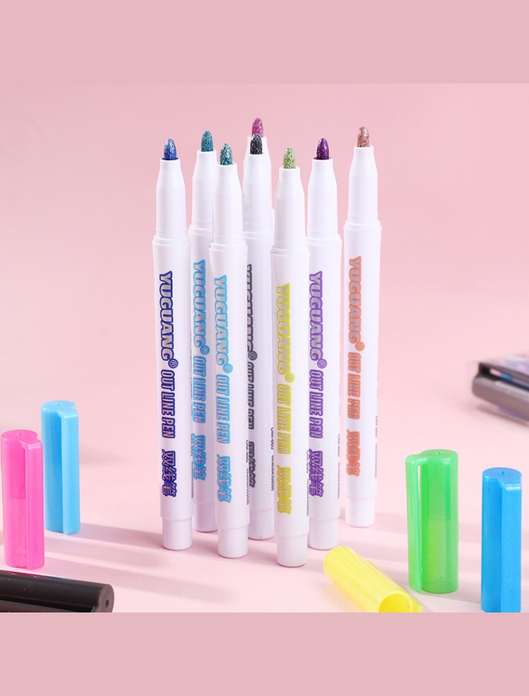 8pcs/set Double Line Contour Pen Glitter Color Fluorescent Marker Pen Metal Color Pen Handwriting Outline Pen Color Fluorescent 