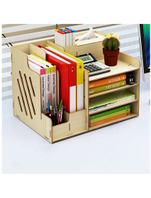 Multi-function Desktop Organizer Office Storage Rack Adjustable Wood Display Shelf Tissue Holder Bookshelf