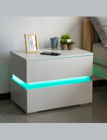 60*39*45cm High Gloss LED Light Nightstands w/2 Drawers Modern Bedside File Cabinet Holder Chest Table
