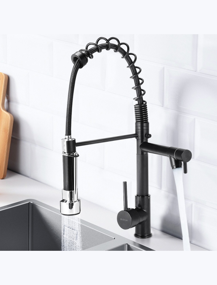 SULEVE Spring Kitchen Sink Faucet Modern Single Handle With Pull Down Sprayer  Hot Cold Water Mixer Faucet Black