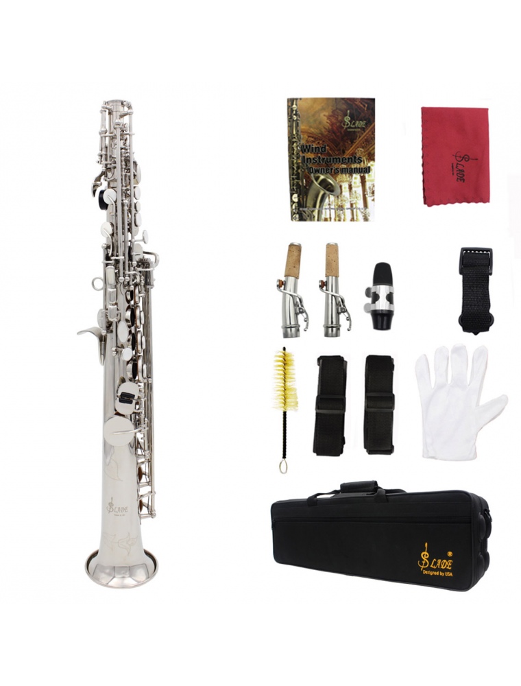 Brass Straight Soprano Sax Saxophone Bb B Flat Woodwind Instrument Natural Shell Key Carve Pattern with Carrying Case