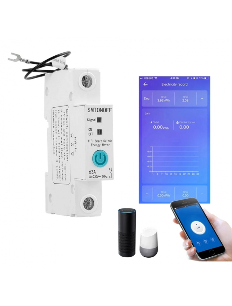 1P 63A eWelink Single Phase Din Rail WIFI Smart Switch Energy Meter Leakage Protection Remote Read KWh Meter Wattmeter Works wit