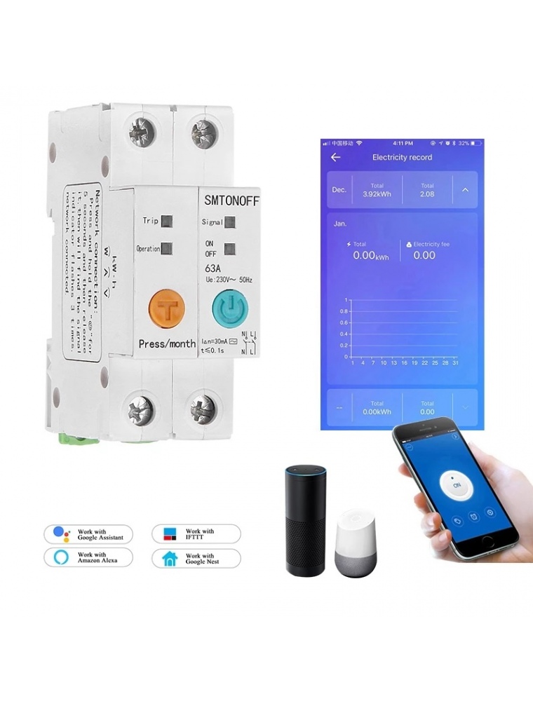 2P 63A eWelink Single Phase Din Rail WIFI Smart Switch Energy Meter Leakage Protection Remote Read KWh Meter Wattmeter Works wit